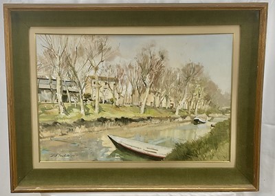 Lot 49 - J. S. Goodall, 1950s gouache - Continental Riverscape, signed, dated '53, 34cm x 52cm, in glazed gilt frame