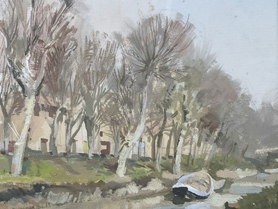 Lot 49 - J. S. Goodall, 1950s gouache - Continental Riverscape, signed, dated '53, 34cm x 52cm, in glazed gilt frame