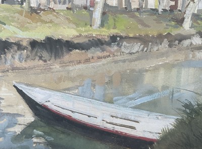 Lot 49 - J. S. Goodall, 1950s gouache - Continental Riverscape, signed, dated '53, 34cm x 52cm, in glazed gilt frame