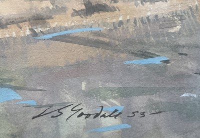 Lot 49 - J. S. Goodall, 1950s gouache - Continental Riverscape, signed, dated '53, 34cm x 52cm, in glazed gilt frame
