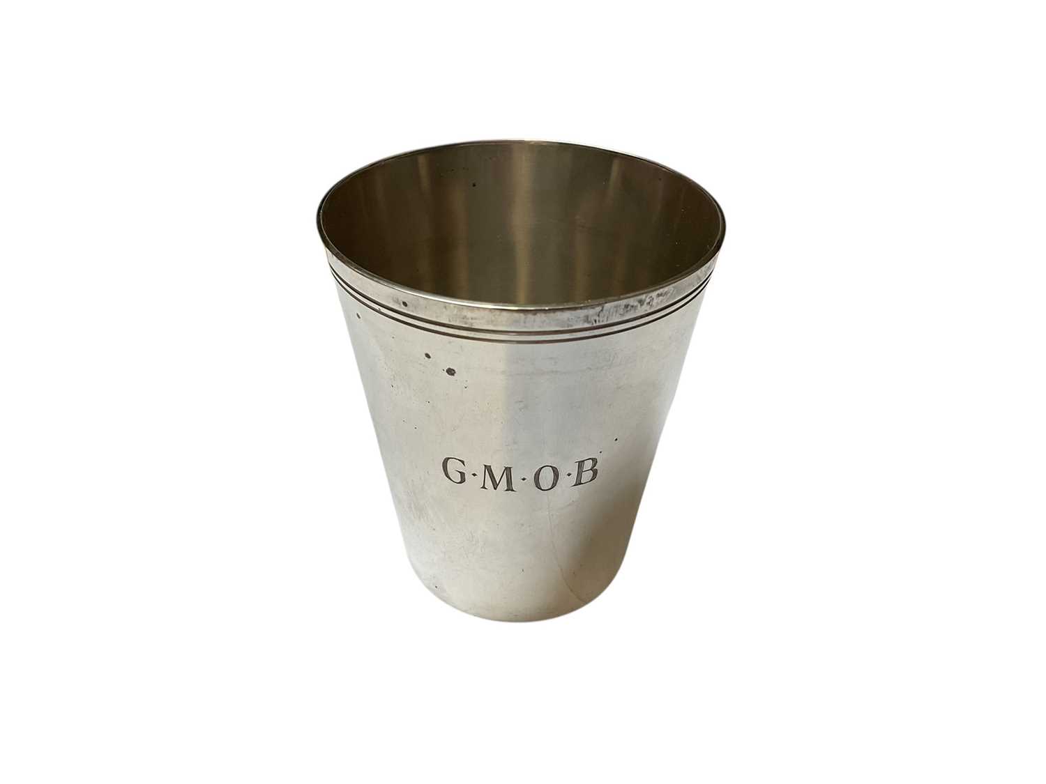 Lot 117 - Tiffany & Co silver beaker with engraved initials G.M.O.B (London 1992), 7.6cm high x 6.6cm rim diameter