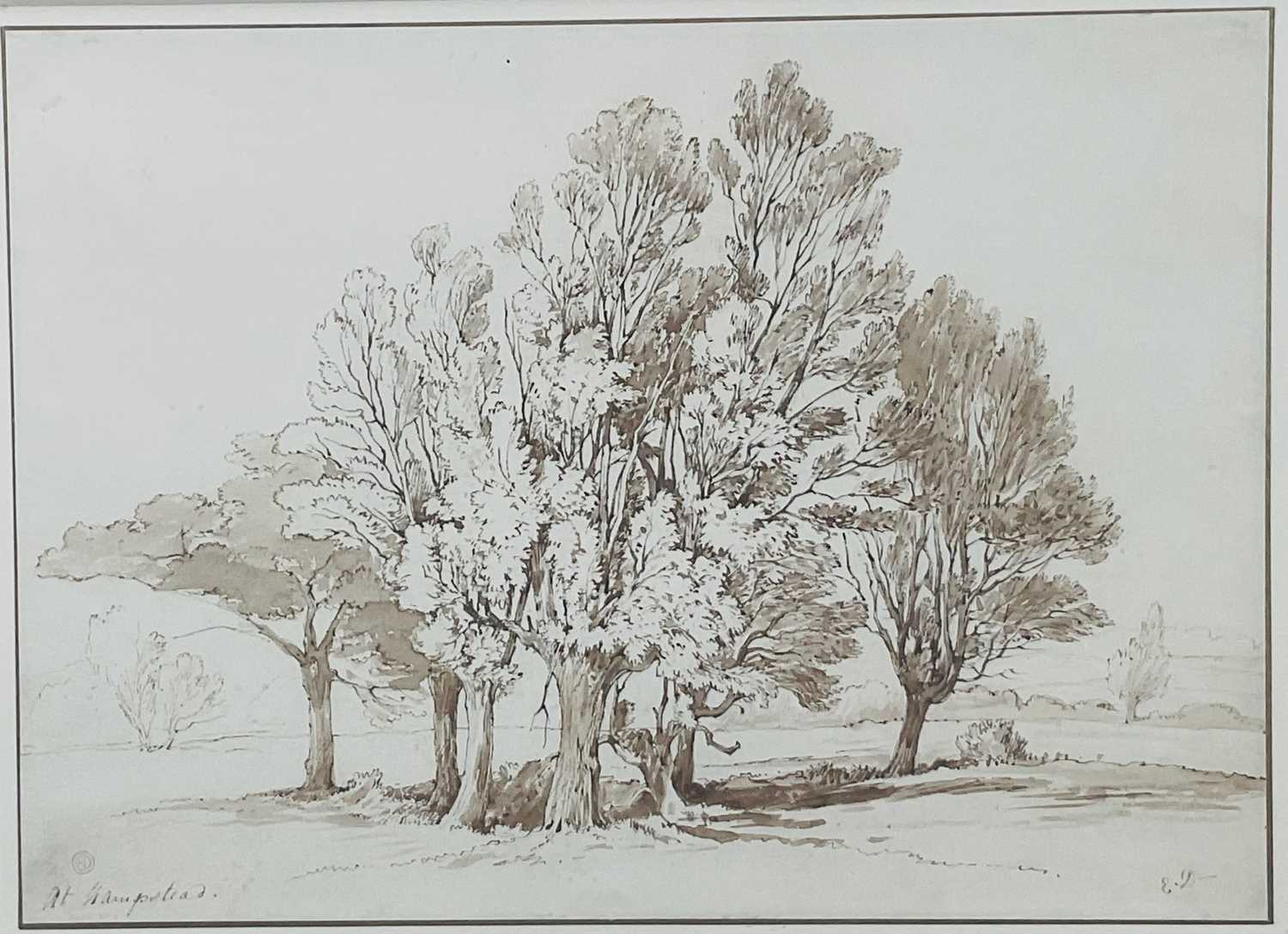Lot 46 - Edward Duncan (1803-1882) monochrome watercolour - At Hampstead, signed with initials, 24cm x 34cm, mounted in glazed frame