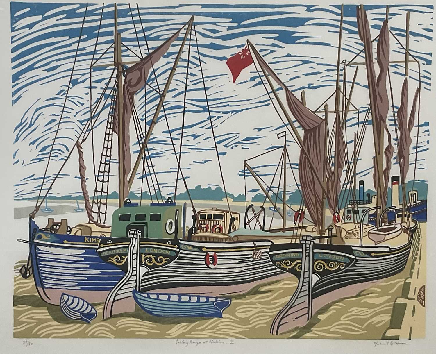 Lot 1 - Michael Blooman 20th century signed linocut - Barges at Maldon I, 53cm x 66cm, numbered 27/50, in glazed frame