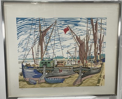 Lot 1 - Michael Blooman 20th century signed linocut - Barges at Maldon I, 53cm x 66cm, numbered 27/50, in glazed frame