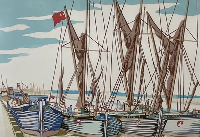 Lot 1 - Michael Blooman 20th century signed linocut - Barges at Maldon I, 53cm x 66cm, numbered 27/50, in glazed frame