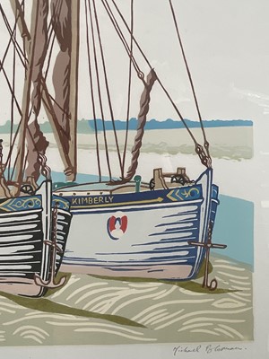 Lot 1 - Michael Blooman 20th century signed linocut - Barges at Maldon I, 53cm x 66cm, numbered 27/50, in glazed frame