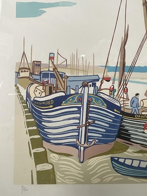 Lot 1 - Michael Blooman 20th century signed linocut - Barges at Maldon I, 53cm x 66cm, numbered 27/50, in glazed frame