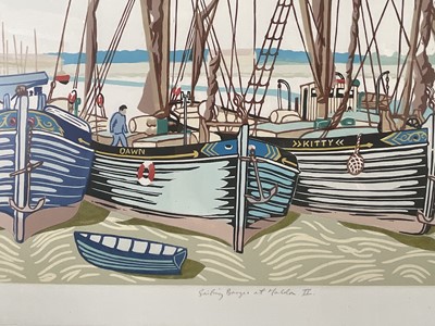 Lot 1 - Michael Blooman 20th century signed linocut - Barges at Maldon I, 53cm x 66cm, numbered 27/50, in glazed frame
