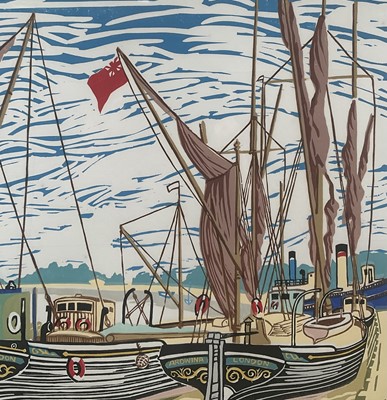 Lot 1 - Michael Blooman 20th century signed linocut - Barges at Maldon I, 53cm x 66cm, numbered 27/50, in glazed frame
