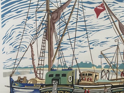 Lot 1 - Michael Blooman 20th century signed linocut - Barges at Maldon I, 53cm x 66cm, numbered 27/50, in glazed frame
