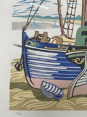 Lot 1 - Michael Blooman 20th century signed linocut - Barges at Maldon I, 53cm x 66cm, numbered 27/50, in glazed frame
