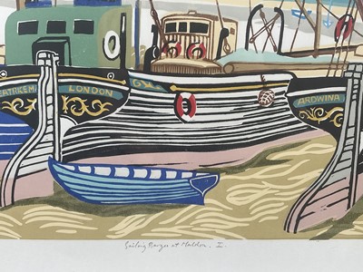 Lot 1 - Michael Blooman 20th century signed linocut - Barges at Maldon I, 53cm x 66cm, numbered 27/50, in glazed frame
