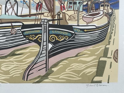 Lot 1 - Michael Blooman 20th century signed linocut - Barges at Maldon I, 53cm x 66cm, numbered 27/50, in glazed frame