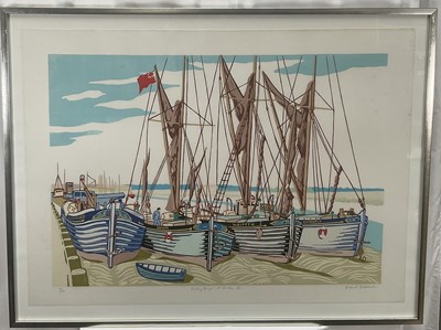 Lot 1 - Michael Blooman 20th century signed linocut - Barges at Maldon I, 53cm x 66cm, numbered 27/50, in glazed frame