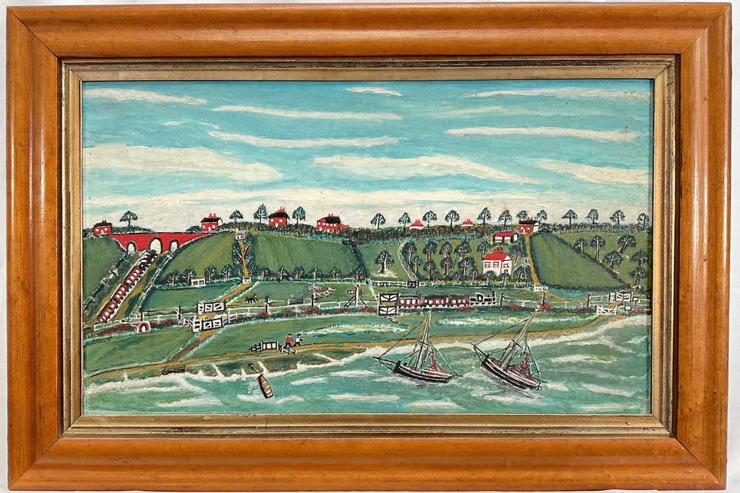 Lot 1022 - Ernie Turner (1899-1977) oil on board - Naive Coastal Landscape, 22cm x 37cm, in maple veneered frame