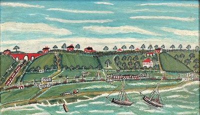 Lot 1022 - Ernie Turner (1899-1977) oil on board - Naive Coastal Landscape, 22cm x 37cm, in maple veneered frame