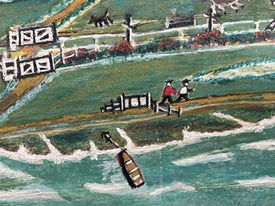 Lot 1022 - Ernie Turner (1899-1977) oil on board - Naive Coastal Landscape, 22cm x 37cm, in maple veneered frame