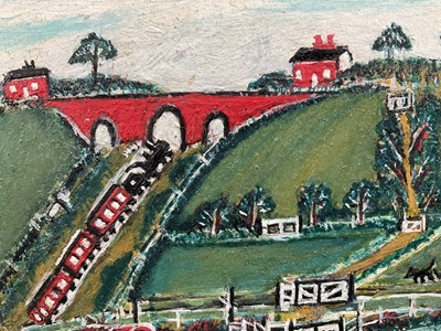 Lot 1022 - Ernie Turner (1899-1977) oil on board - Naive Coastal Landscape, 22cm x 37cm, in maple veneered frame