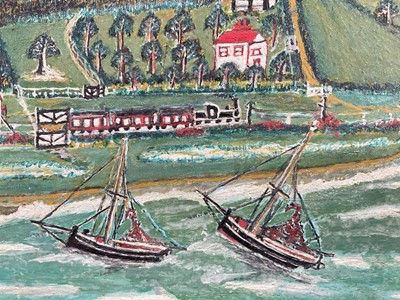 Lot 1022 - Ernie Turner (1899-1977) oil on board - Naive Coastal Landscape, 22cm x 37cm, in maple veneered frame