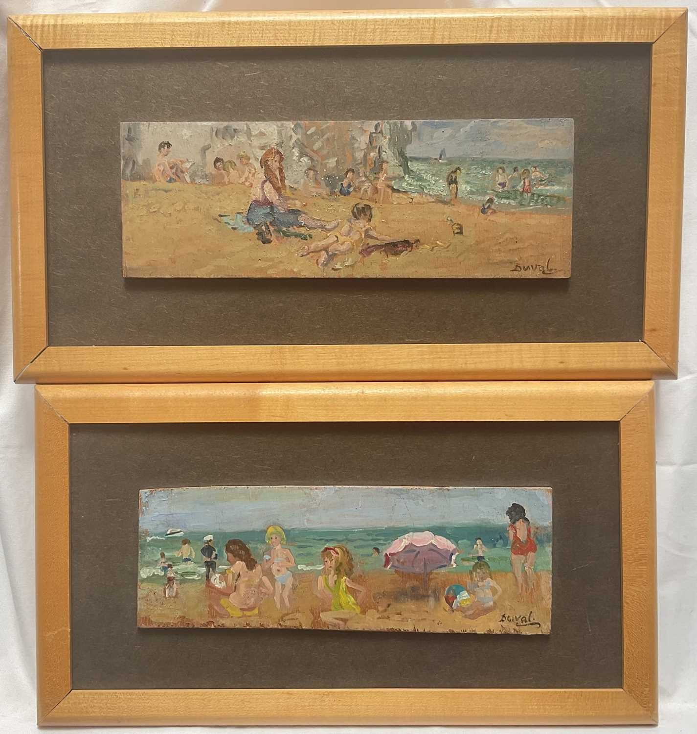 Lot 19 - Dorothy Duval (1917-2005) pair oils on board, signed, On the Beach at Broadstairs, approx 10cm x 28cm, framed