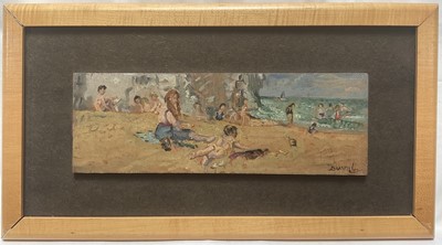 Lot 19 - Dorothy Duval (1917-2005) pair oils on board, signed, On the Beach at Broadstairs, approx 10cm x 28cm, framed