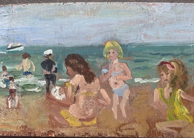 Lot 19 - Dorothy Duval (1917-2005) pair oils on board, signed, On the Beach at Broadstairs, approx 10cm x 28cm, framed