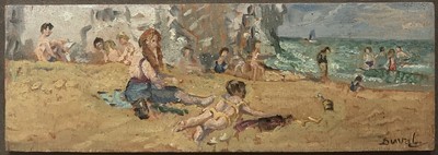 Lot 19 - Dorothy Duval (1917-2005) pair oils on board, signed, On the Beach at Broadstairs, approx 10cm x 28cm, framed