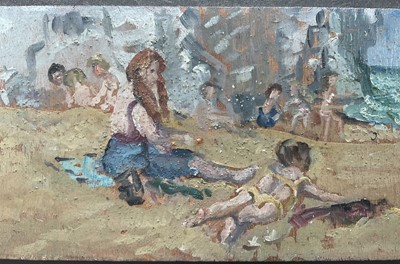 Lot 19 - Dorothy Duval (1917-2005) pair oils on board, signed, On the Beach at Broadstairs, approx 10cm x 28cm, framed