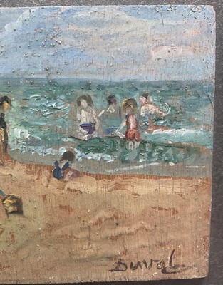 Lot 19 - Dorothy Duval (1917-2005) pair oils on board, signed, On the Beach at Broadstairs, approx 10cm x 28cm, framed