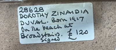 Lot 19 - Dorothy Duval (1917-2005) pair oils on board, signed, On the Beach at Broadstairs, approx 10cm x 28cm, framed