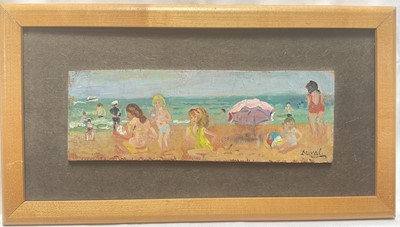 Lot 19 - Dorothy Duval (1917-2005) pair oils on board, signed, On the Beach at Broadstairs, approx 10cm x 28cm, framed