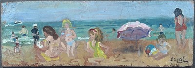 Lot 19 - Dorothy Duval (1917-2005) pair oils on board, signed, On the Beach at Broadstairs, approx 10cm x 28cm, framed
