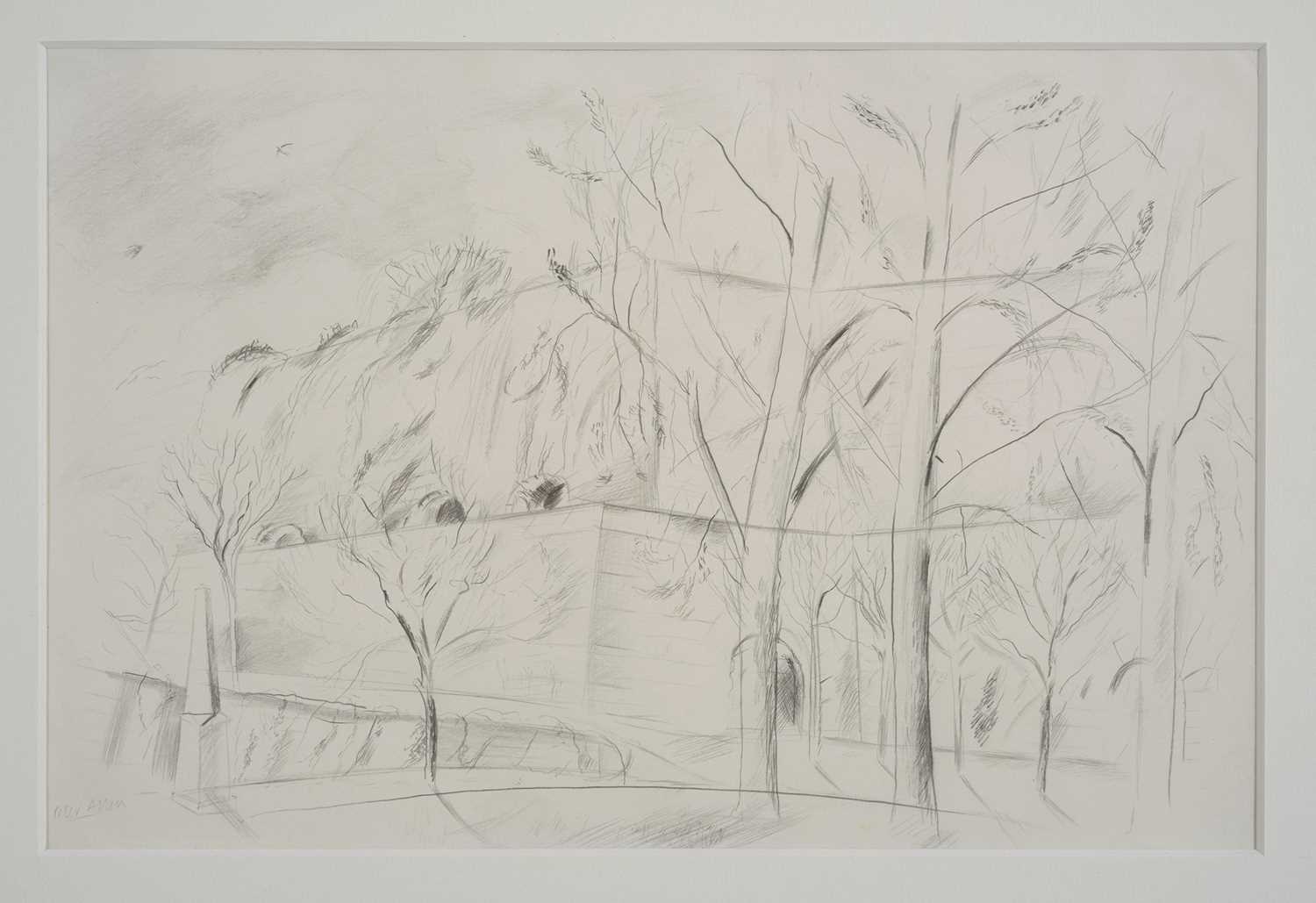Lot 7 - Peter Allen, two works, pencil drawing of a corner of a churchyard, signed, 19cm x 29cm, circa 1985 and etching of Bonsor Mill, framed