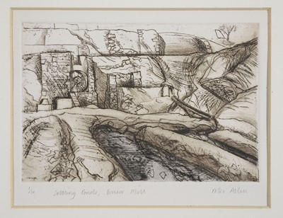 Lot 7 - Peter Allen, two works, pencil drawing of a corner of a churchyard, signed, 19cm x 29cm, circa 1985 and etching of Bonsor Mill, framed