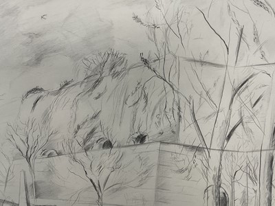 Lot 7 - Peter Allen, two works, pencil drawing of a corner of a churchyard, signed, 19cm x 29cm, circa 1985 and etching of Bonsor Mill, framed