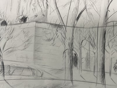 Lot 7 - Peter Allen, two works, pencil drawing of a corner of a churchyard, signed, 19cm x 29cm, circa 1985 and etching of Bonsor Mill, framed