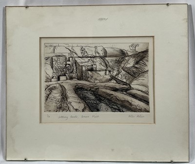 Lot 7 - Peter Allen, two works, pencil drawing of a corner of a churchyard, signed, 19cm x 29cm, circa 1985 and etching of Bonsor Mill, framed