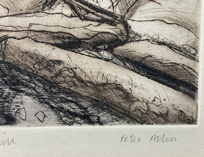 Lot 7 - Peter Allen, two works, pencil drawing of a corner of a churchyard, signed, 19cm x 29cm, circa 1985 and etching of Bonsor Mill, framed