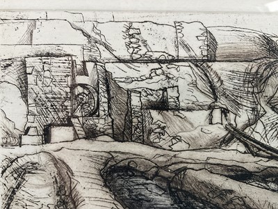 Lot 7 - Peter Allen, two works, pencil drawing of a corner of a churchyard, signed, 19cm x 29cm, circa 1985 and etching of Bonsor Mill, framed
