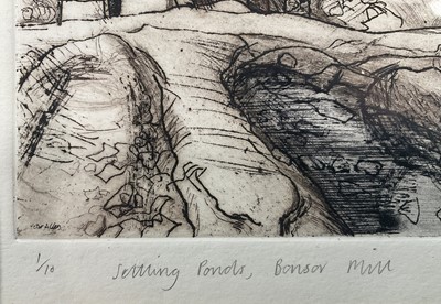 Lot 7 - Peter Allen, two works, pencil drawing of a corner of a churchyard, signed, 19cm x 29cm, circa 1985 and etching of Bonsor Mill, framed