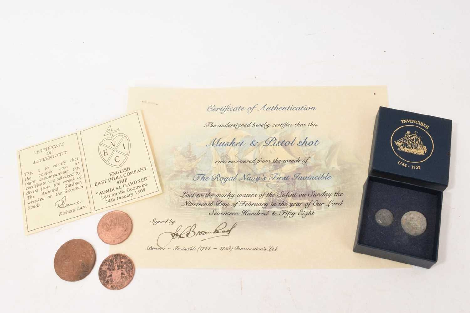 Lot 686 - HMS Invincible relics, together with Admiral Gardner wreck relics