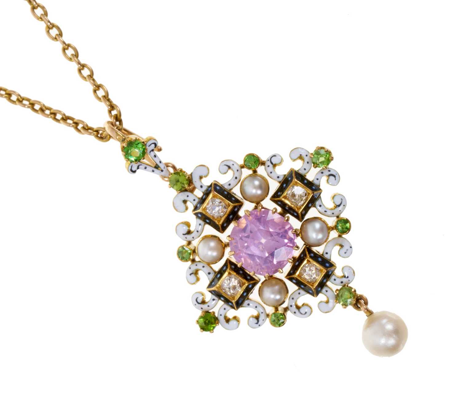 Lot 360 - Fine quality 19th century Renaissance Revival pink sapphire, pearl and diamond pendant / brooch in the style of Carlo Giuliano