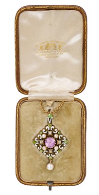 Lot 360 - Fine quality 19th century Renaissance Revival pink sapphire, pearl and diamond pendant / brooch in the style of Carlo Giuliano