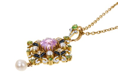 Lot 360 - Fine quality 19th century Renaissance Revival pink sapphire, pearl and diamond pendant / brooch in the style of Carlo Giuliano