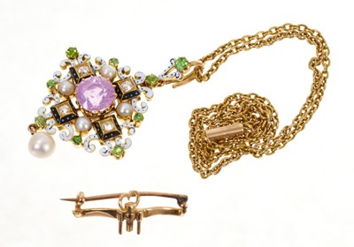 Lot 360 - Fine quality 19th century Renaissance Revival pink sapphire, pearl and diamond pendant / brooch in the style of Carlo Giuliano