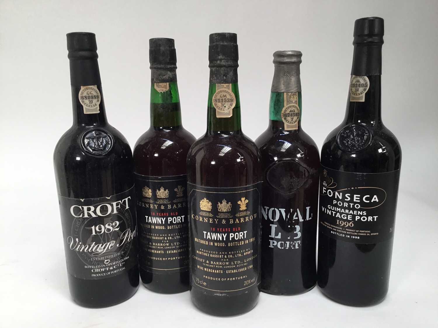 Lot 84 - Five bottles, port, Corney & Barrow 10 year old tawny port (x2), Croft 1982, Noval LB port and Fonseca 1966