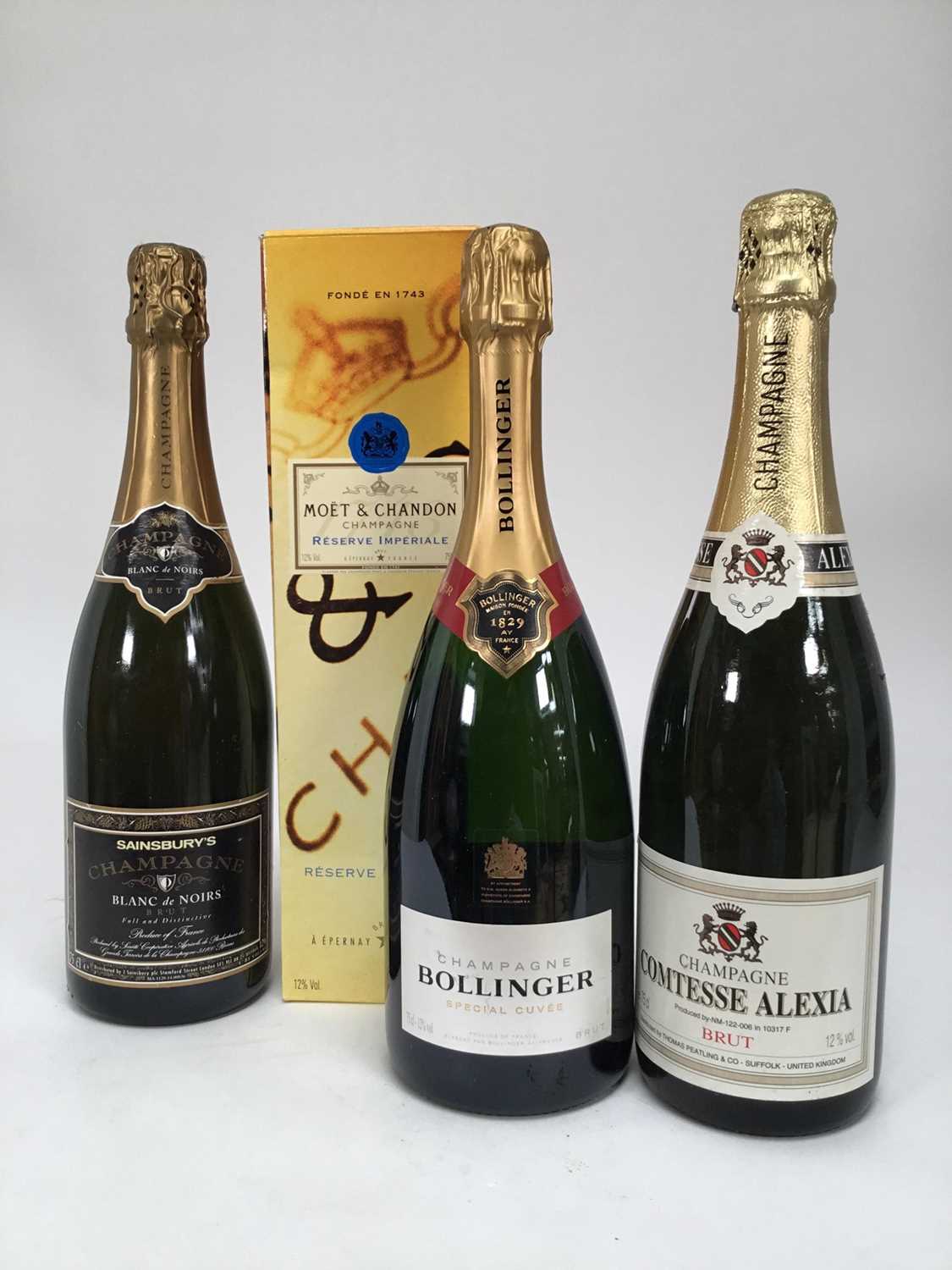 Lot 92 - Four bottles, champagne including Bollinger, Moët & Chandon Reserve Imperiale and two others
