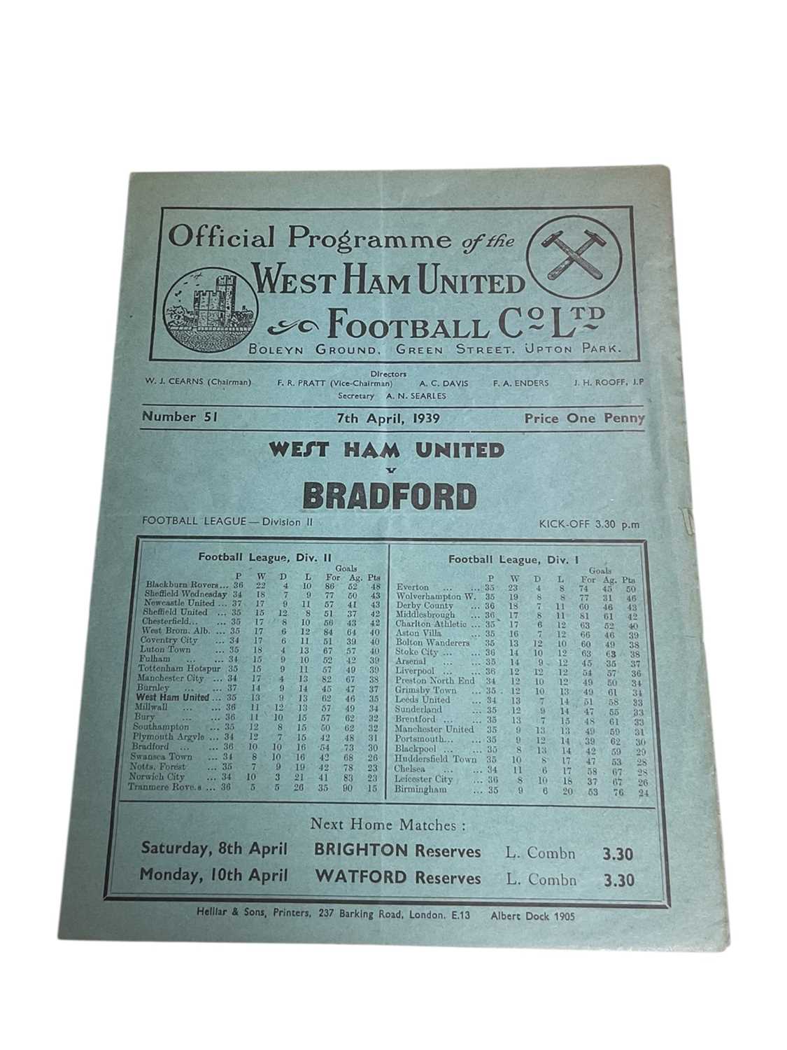 Lot 54 - West Ham v Bradford 7th April 1939 Football League Division II