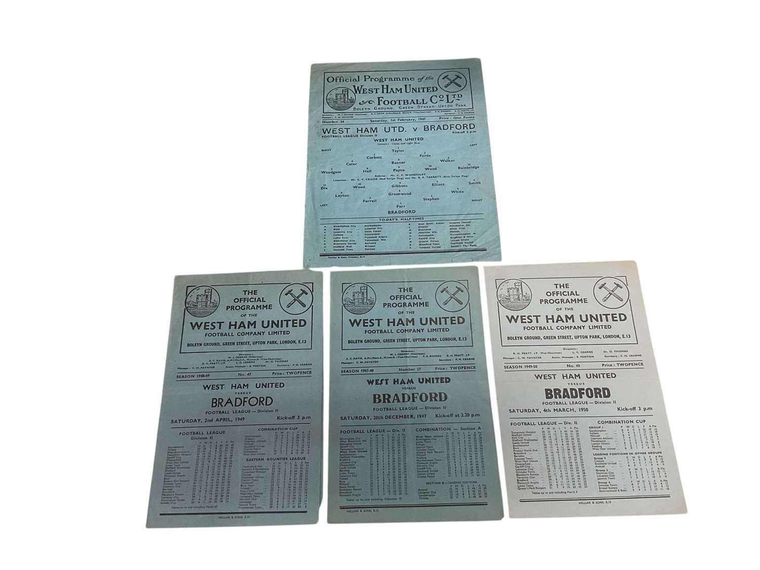 Lot 55 - West Ham v Bradford 1st February 1947, 20th December 1947, 2nd April 1949, 4th March 1950 all Football League Division II (4)