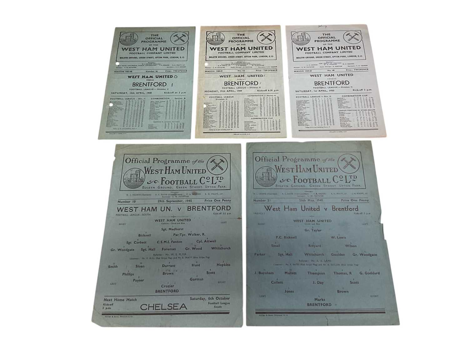 Lot 62 - West Ham v Brentford 26th May 1945 Friendly, 29th September 1945 Football League South, 10th April 1948, 25th April 1949, 1sr April 1950, all Football League Division 2 (5)